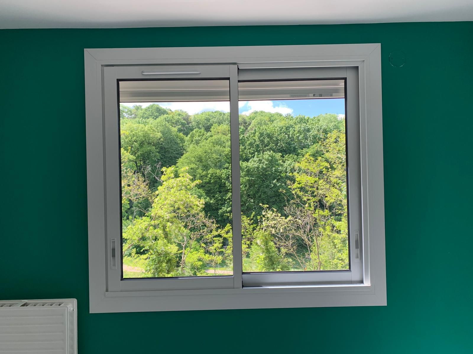 Fenêtre coulissante blanche à deux vantaux sur un mur vert, avec vue sur un bois