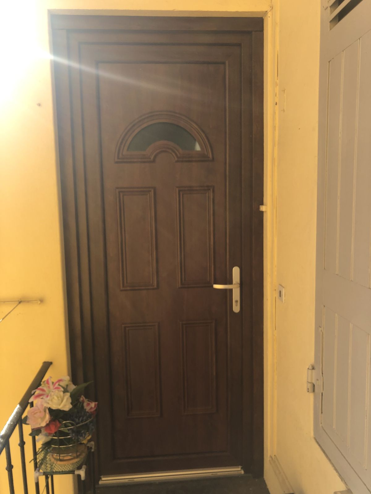 Porte d'entrée brun foncé à panneaux moulurés et petit vitrage en demi-lune