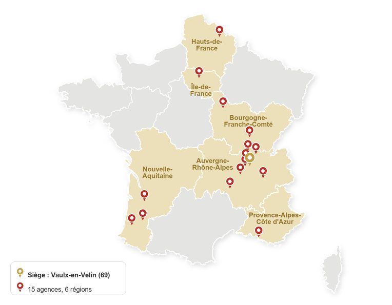 Carte de France des 15 agences Fermeture Econ'Home dans six régions, avec le siège à Vaulx-en-Velin (69)