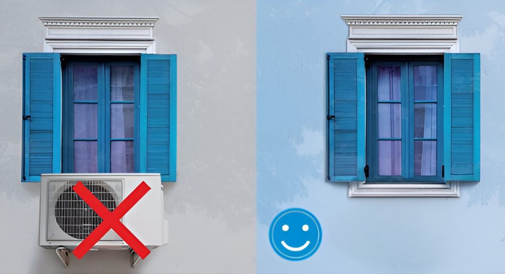 Montage comparatif : une façade dont l'unité extérieure de climatisation est barrée d'une croix rouge, à côté de la même façade sans unité visible