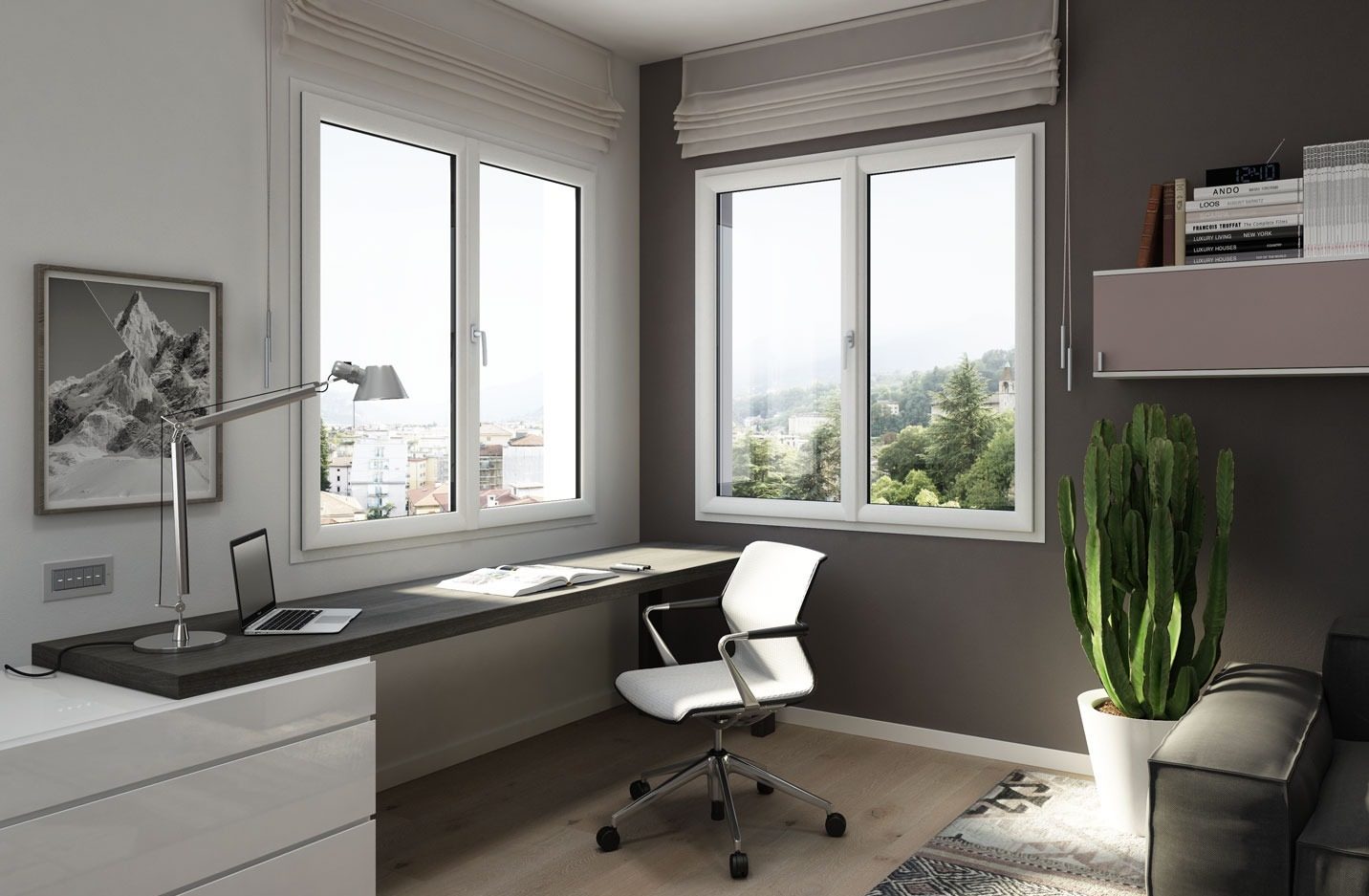 Fenêtres PVC blanches dans un bureau lumineux avec vue sur la ville