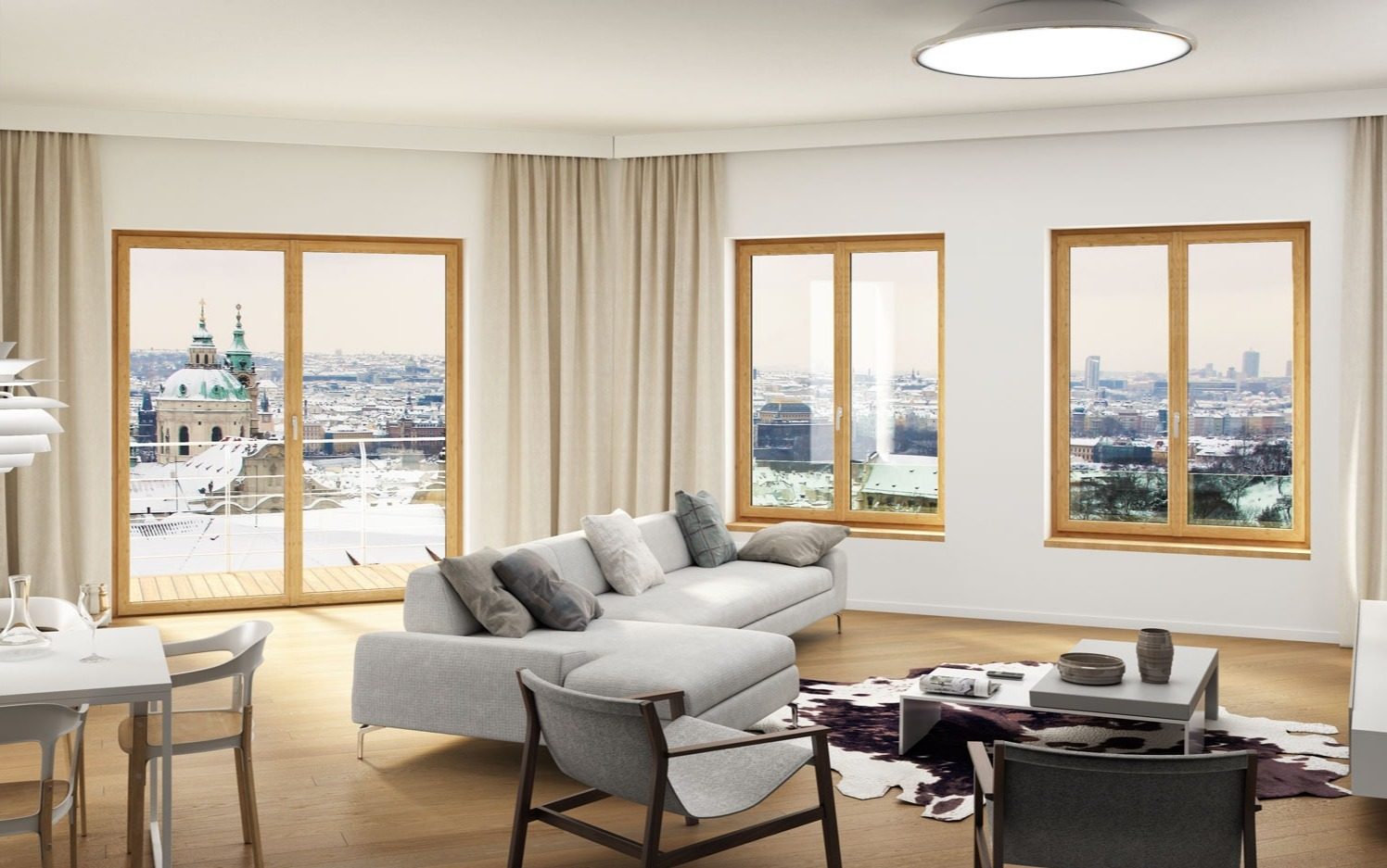 Fenêtres et porte-fenêtre en bois dans un séjour lumineux avec vue sur la ville