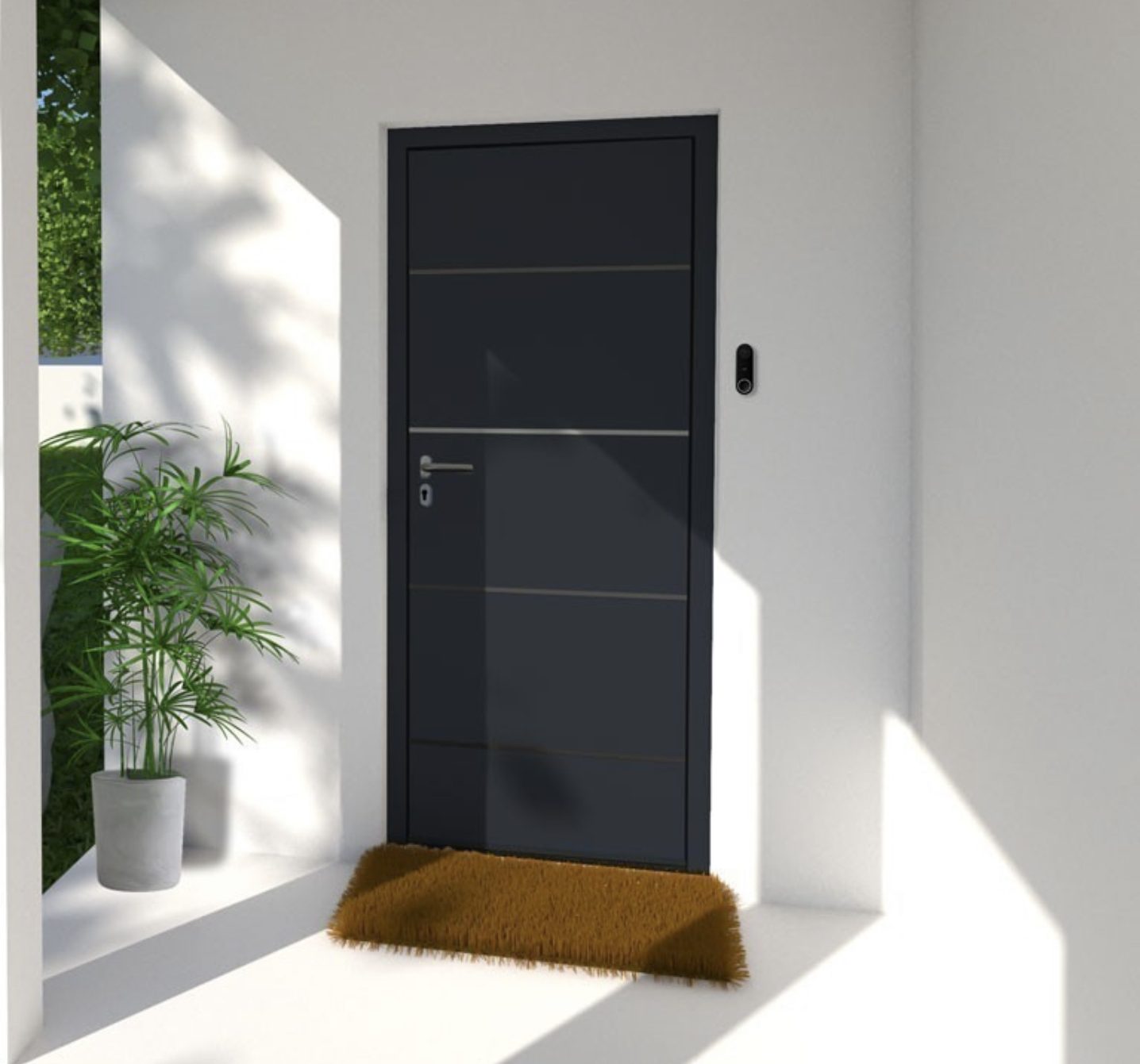 Porte d'entrée gris anthracite à poignée inox dans une entrée blanche, à côté d'une plante verte