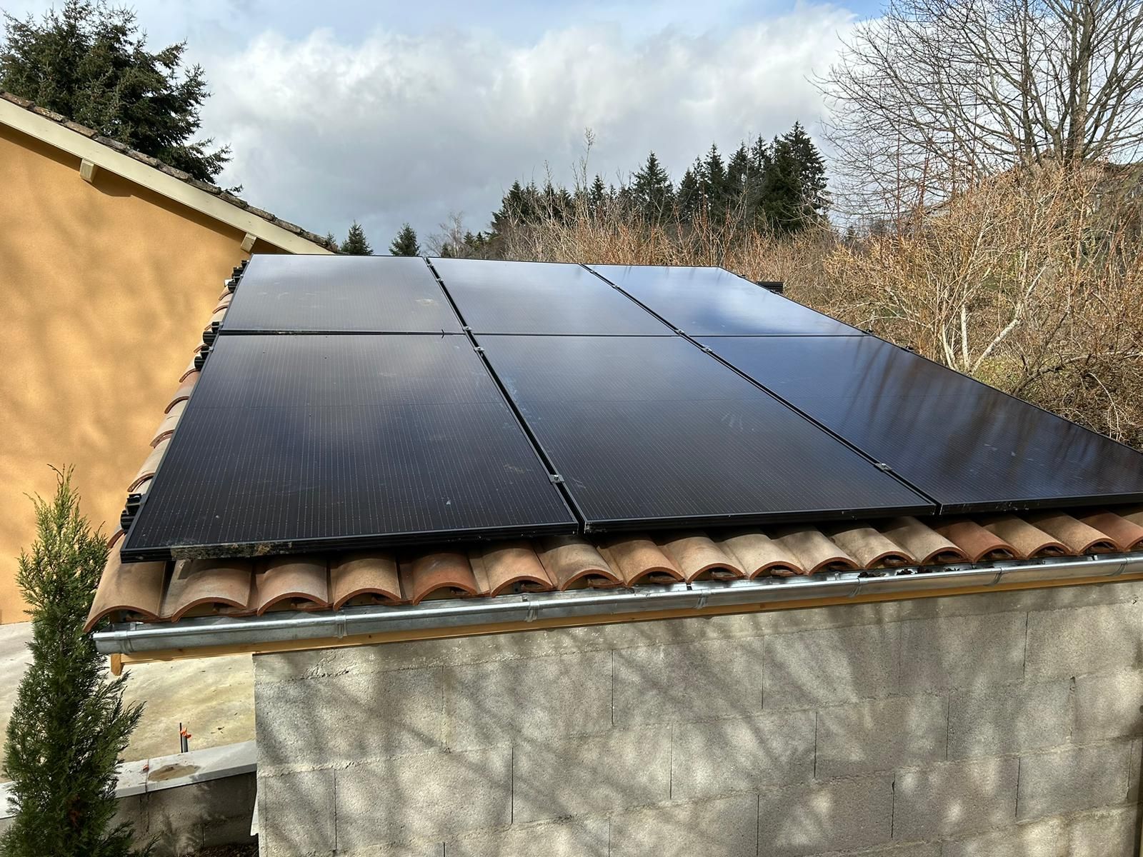 Panneaux photovoltaïques noirs installés sur le toit en tuiles d'une dépendance, sapins en arrière-plan